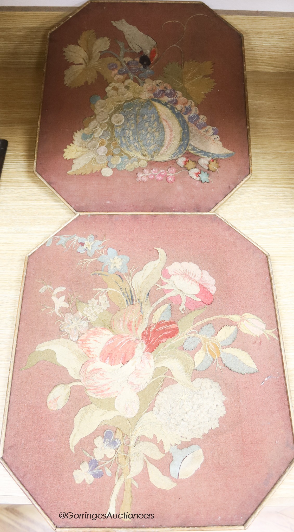 A pair of face screens, 19th century applique embroidered felt still life embroideries, 42 x 35cm